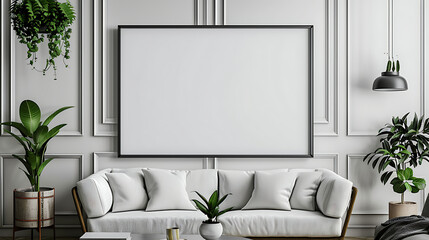 Modern interior design Living room wall white blank poster mockup. Interior mockup with house background. generative ai - Powered by Adobe
