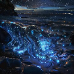 A bioluminescent octopus glows on the shore at night, its body illuminated with an ethereal blue light. Stars twinkle in the sky and the distant city lights add to the magical atmosphere.