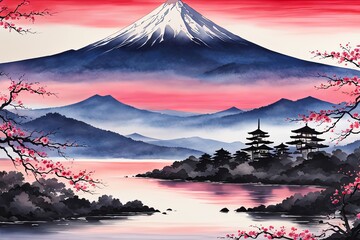 Serene landscape with mountain, pagoda in background. For meditation apps, on covers of books about spiritual growth, in designs for yoga studios, spa salons, illustration for articles on inner peace.