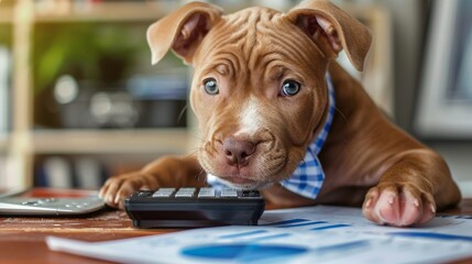 A charming young Pitbull puppy appears deeply engrossed in financial analysis, with a calculator and reports on the table. - obrazy, fototapety, plakaty
