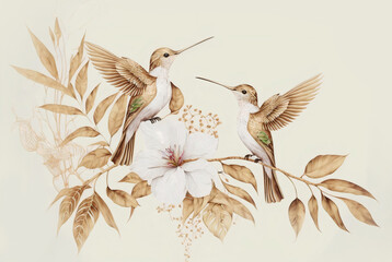 Watercolor painting of a hummingbird with flowers and 
 dry leaf in a landscape 