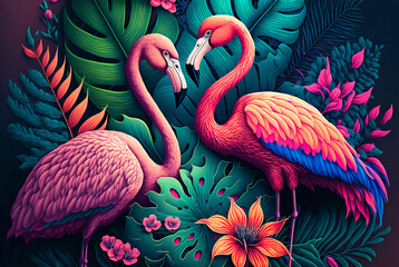 Tropical rain forest with flamingo with leaves and flowers 3D - obrazy, fototapety, plakaty