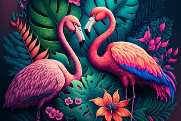 Foto op Canvas Tropical rain forest with flamingo with leaves and flowers 3D © haitham