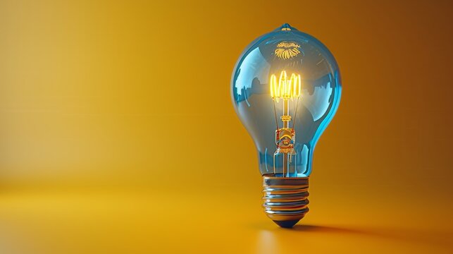 Concept of a yellow lightbulb floating on a yellow background born out of a blue lightbulb.