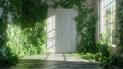The minimalist concept space consists of a white door closed by a greenery room.