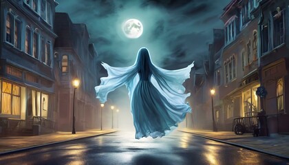 ghost on street for horror stories  - obrazy, fototapety, plakaty
