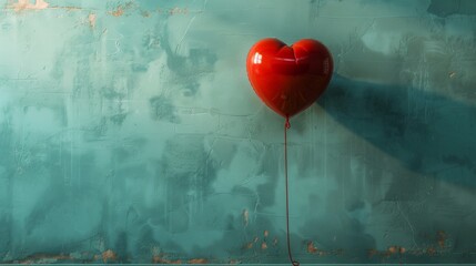 On a pastel blue background, a tiny red heart balloon is presented. It is a minimalist concept.