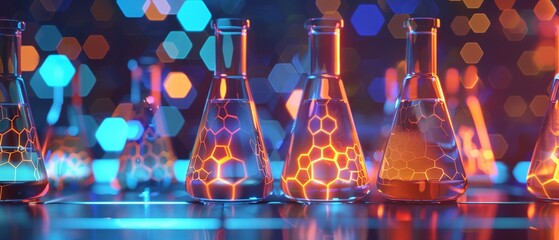 8Glowing flasks with hexagonal digital patterns, bokeh background, neon blue and orange