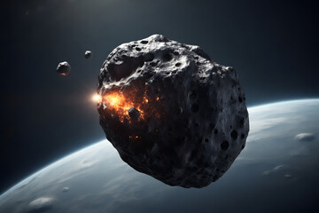 An asteroid is in the vicinity of Earth, against the backdrop of a half-globe of earth. Perfect for...