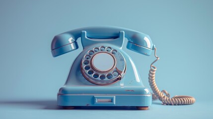 On a pastel blue background, a vintage telephone is displayed on a minimal idea concept.
