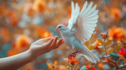 hand holding beautiful white dove, peace concept, world peace day 