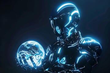 Chrome android holding glowing earth, futuristic blue neon, sleek tech ambiance