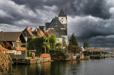 City of Vitznau on beautiful Lake Lucerne before the storm. Switzerland, Europe.