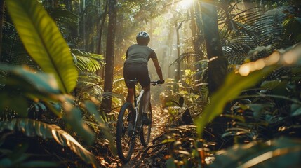 A mountain biker explores a lush forest trail, bathed in the golden light of the morning sun, promoting an active lifestyle amidst nature.
