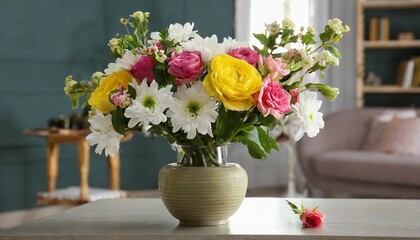 Fototapeta na wymiar Beautiful bouquet of fresh flowers in vase on table indoors