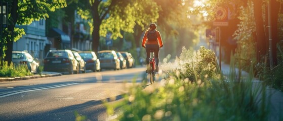 Cyclist on a city bike lane, surrounded by greenery, early morning light