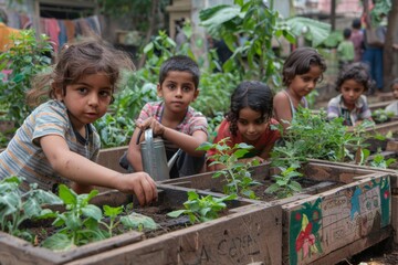 A group of people and children work together in a greenhouse, growing and harvesting vegetables, AI generated