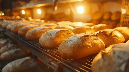 Freshly baked bread on conveyor, warm glow, bakery interior