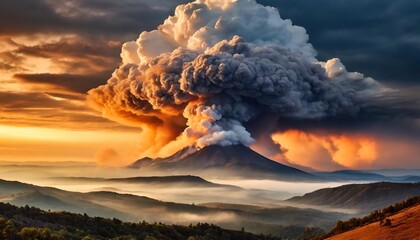 A volcanic eruption with dark smoke and ash clouds into the golden sky at sunset.