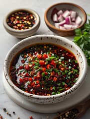 Chili Oil in a White Bowl at an Angle with Soft Lighting Generative AI