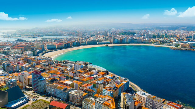 Panoramic view of the city of A Coruna. A large city in northwestern Spain, a resort and port. Galicia, Spain