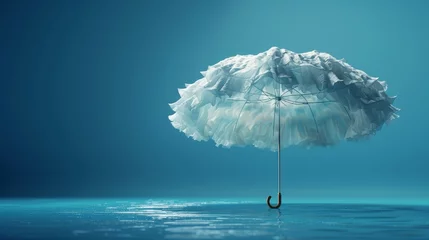 Fototapeten This is a 3D rendering of an umbrella cloud floating on a blue background. The idea is simple. © DZMITRY