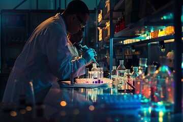 A man conducting experiments in a lab filled with various bottles and equipment