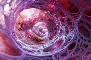 Inner view of a vessel, undulating cilia, soft reds, serene biological journey - obrazy, fototapety, plakaty