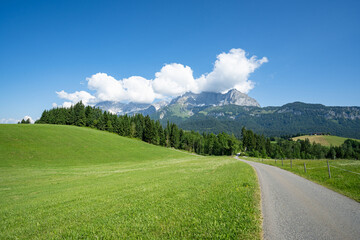 Alpenlandschaften im Frühjahr - schmaler Feldweg durch grüne Wiesen mit einem Hochgebirge im Hintergrund.