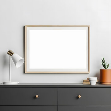 Horizontal picture frame mockup with decoration on cabinet