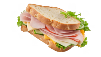 Ham and cheese sandwich with lettuce, tomato, and cucumber isolate on transparent background, cutout, png