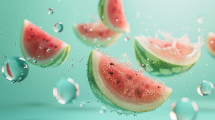 Watermelon slices floating in midair, with water drops and splashes. Summer, refreshment background