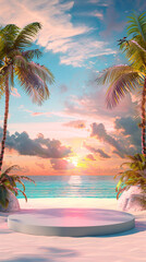 3D podium on a tropical beach with palm trees and a blue ocean background. A sunset sky with clouds. A panoramic banner for a summer vacation concept 9:16