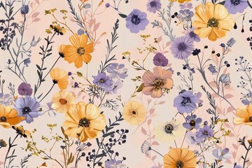 Pastel floral pattern, seamless soft botanical illustration, vibrant wallpaper design