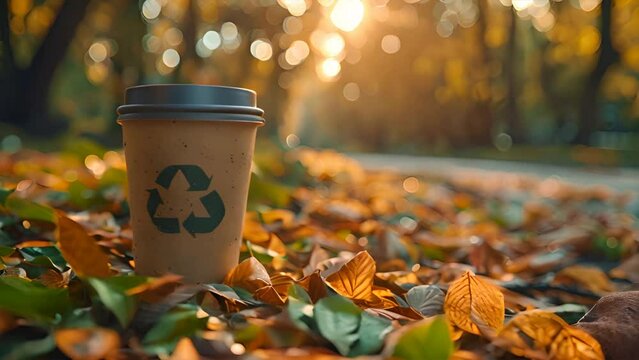 The concept of nature conservation and zero waste. Eco-friendly paper cup with a recycling sign on the background of wildlife,generative ai