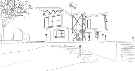 sketch of a modern house 3d rendering