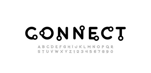 Font alphabet trendy modern with outlines dots, letters A, B, C, D, E, F, G, H, I, J, K, L, M, N, O, P, Q, R, S, T, U, V, W, X, Y, Z and numerals 0, 1, 2, 3, 4, 5, 6, 7, 8, 9, vector illustration 10EP - obrazy, fototapety, plakaty