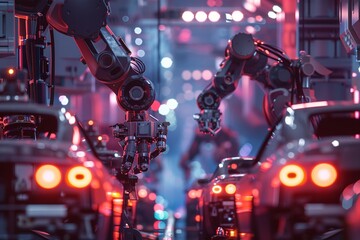 Robotic arms in smart factory, car production, tech lights