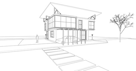 sketch of a modern house 3d rendering