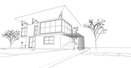 sketch of a modern house 3d rendering