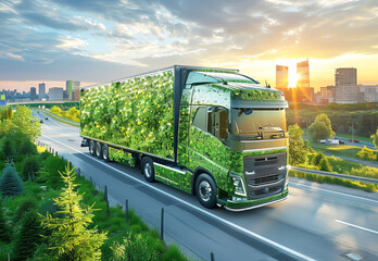 Hybrid eco truck in the future against the backdrop of a modern city.