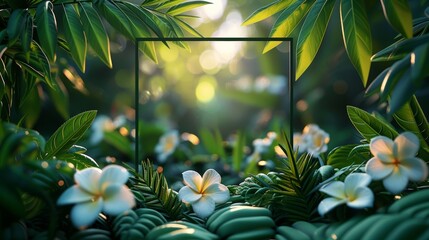 Artistic Botanical Flatlay with Orchids and Leafy Frame Generative AI - obrazy, fototapety, plakaty