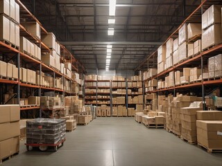 a huge warehouse with high shelves, lined with boxes - obrazy, fototapety, plakaty