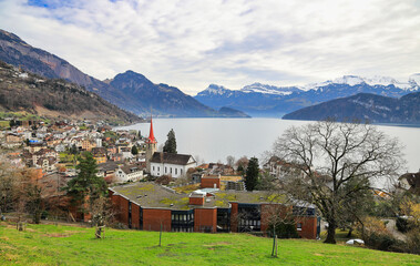 View of the beautiful town of Weggis and Lake Lucerne. Swiss Alps, Switzerland, Europe. - obrazy, fototapety, plakaty