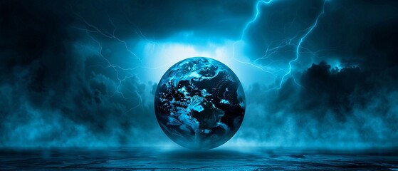 Steel globe silhouette, dramatic lightning strike, moody blue tones, chiaroscuro effect