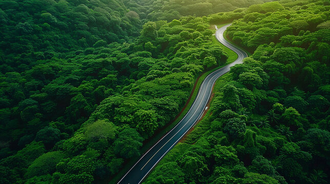 driving road through forest ariel view