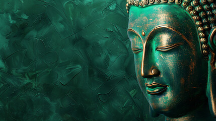 buddha head on green background with copy space 