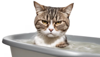 Cat sits in a bathtub full of water, looking grumpy isolate on transparent background, cutout, png