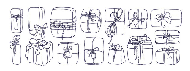 Bow gift ribbon and box. Hand drawn doodle set
