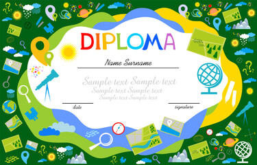 Certificates kindergarten and elementary, Preschool Kids Diploma certificate background design template, Diploma template for kindergarten students, Certificate of kids diploma. Vector illustration